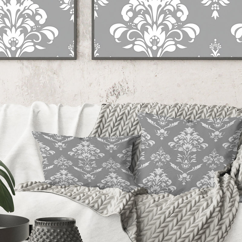 Coussin décoratif gris en damas glamour I, H 16 po x l 16 po