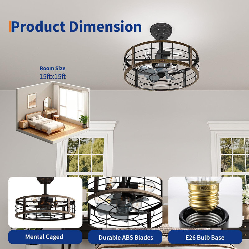 Ventilateur de plafond encastré de 20 po avec lumière, style sans pales avec télécommande, luminaire d'intérieur moderne noir campagnard et nickel brossé