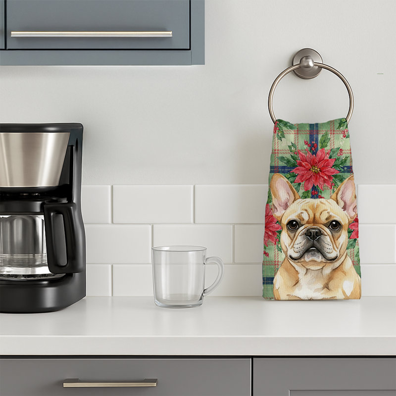 Fawn French Bulldog Christmas PoinsettIas Kitchen Towel, Fawn French Bulldog
