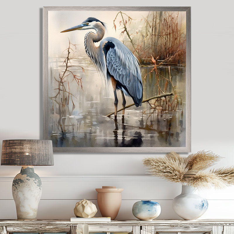 «Graceful Heron Waterbird IV - Heron», art mural, H 36 po x l 36 po, Cadre photo unique, Argent argent