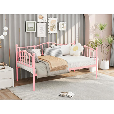 Lit double en métal avec tête de lit élégante et lit gigogne – Support à lattes en acier robuste – Canapé-lit gain de place pour chambre, salon ou pour dormir seul, rose, taille simple