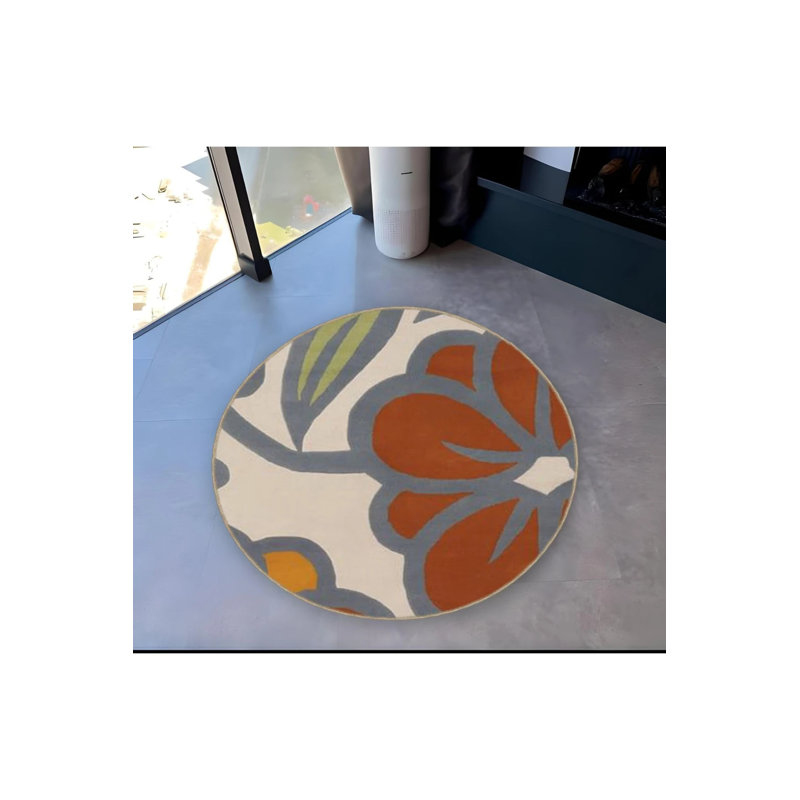 Multicolored Flower And Leaf Detailed Woven Base Modern Decorative Carpet, Round 3'4"