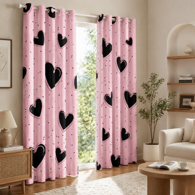 2Pcs rideaux mignons à motif de cœurs noirs, fond rose ludique, imprimé artistique moderne, assombrissement décoratif de la pièce à vivre et chambre à coucher pour le décorateur