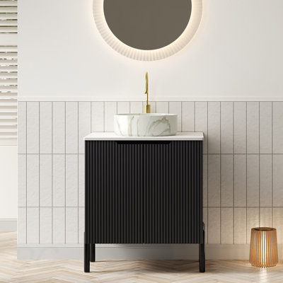 Meuble-lavabo de salle de bain 24 po avec lavabo, meuble de rangement autoportant avec 2 portes, lavabo rond en céramique blanche avec motif de pierre et comptoir blanc Carrara, sans robinet