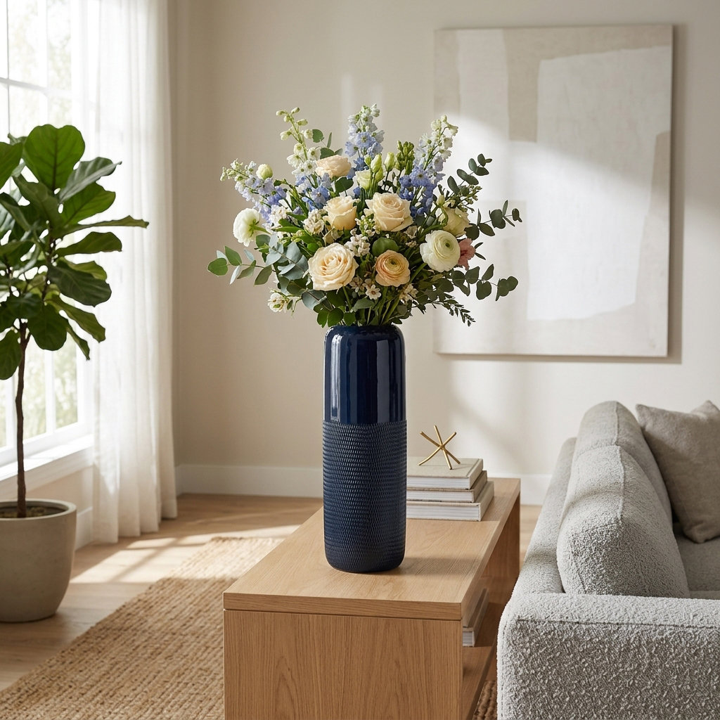 Rachael Stoneware Table Vase, 18" H x 6" W x 6" D, Etched Blue