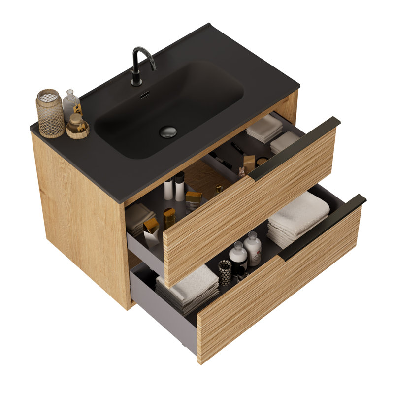 Kora 32" Bamboo Faux Finish Wall-Mounted Single Bathroom Vanity with Integrated Ceramic Top & Handles, Black, 32"