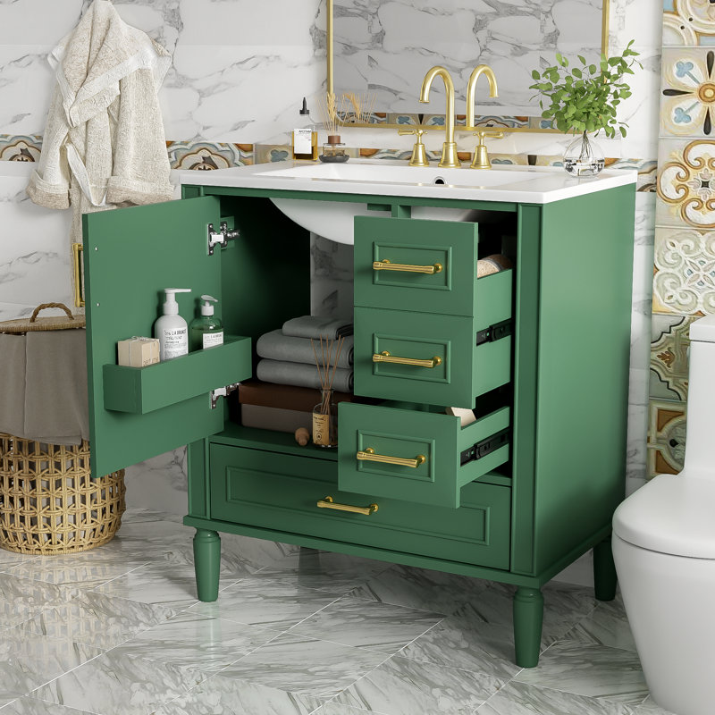 30-Inch Ceramic Bathroom Vanity, Soft-Close Door and 3 Drawers, Overflow Drain Design, Floor Standing, For Small Space, Green