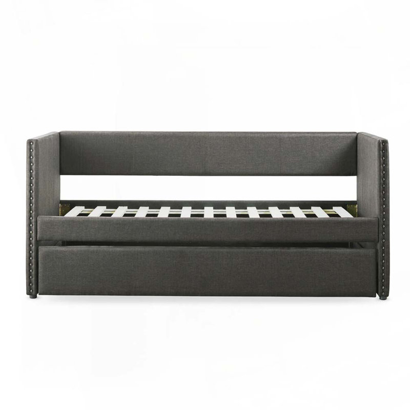 Upholstery Daybed with Pull-out Trundle Nailhead Trim Wood Frame, Gray