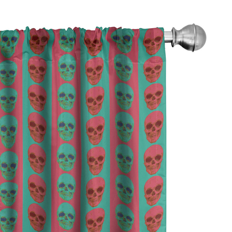 Jade Green and Magenta Skull Pattern Rod Pocket Curtains, 28" x 84"