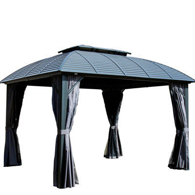 Gazebo d'extérieur 3 x 3,6 m : structure en aluminium, toit double en acier galvanisé. Intérieur spacieux. Montage facile. Toiture résistante. Rideaux et moustiquaires pour plus d'intimité. Parfait pour les terrasses.
