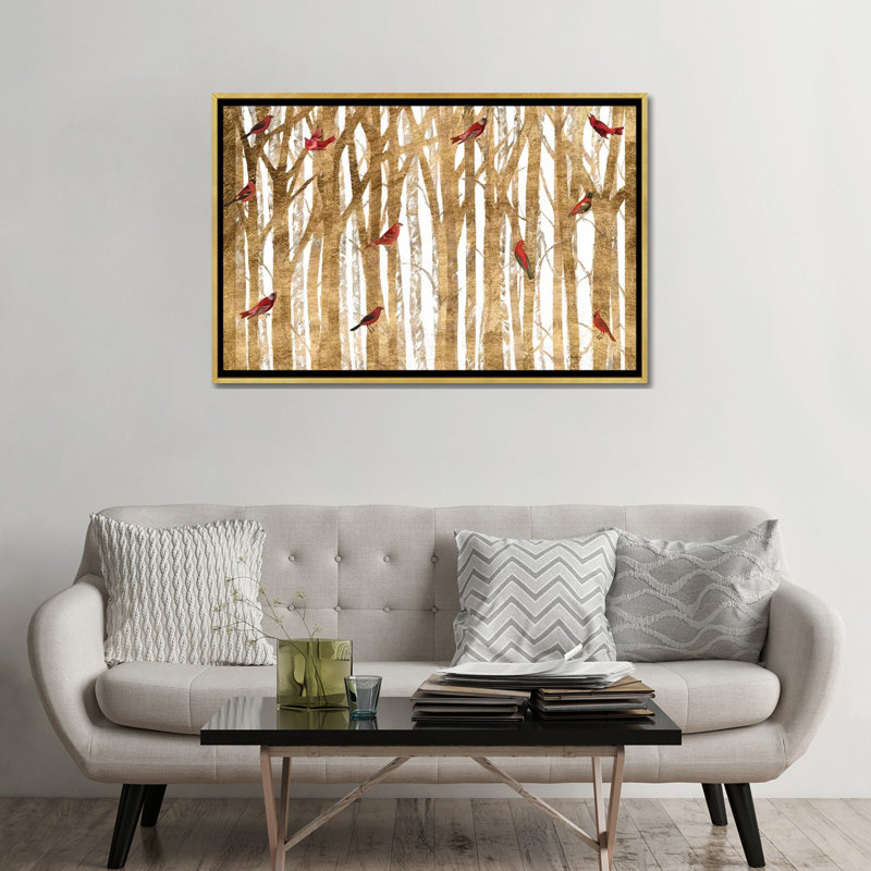 «Red Bird Christmas Collection A» par Studio W - impression d'art graphique, H 32 po x l 48 po x 1,5 po, Toile encadrée d'or