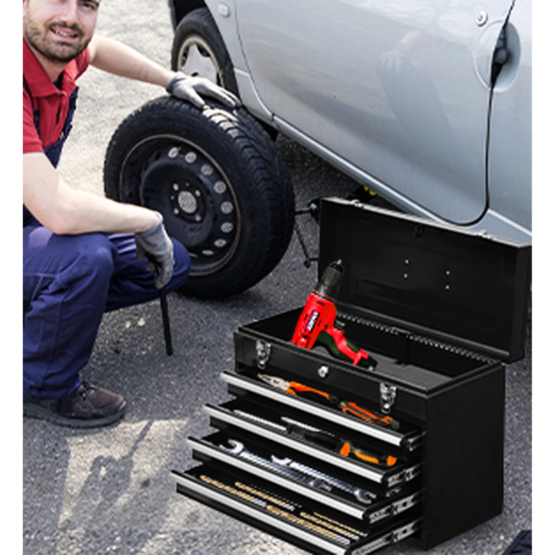 Boîte à outils 4 en acier portable - pour organisation de garage Commode en métal noir avec 4 tiroirs coulissants
