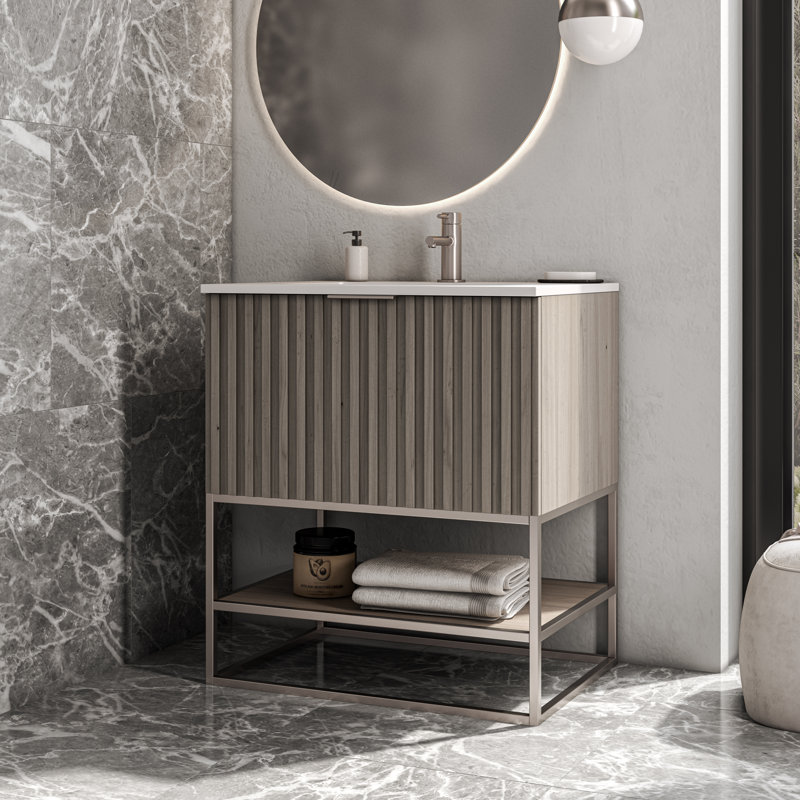 Terra 30'' W Single Vanity, White Quartz/Single Faucet Mount, Cashmere Gray, Brushed Nickel