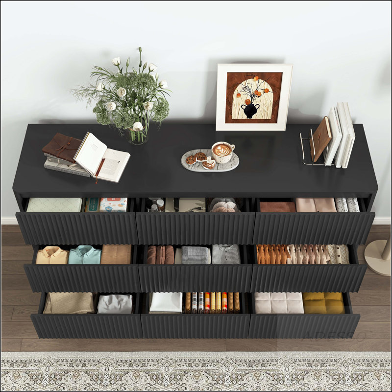 9-Drawer Wave Design Dresser - Mid-Century, Black