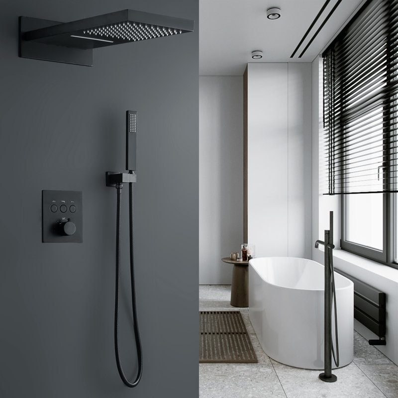  High Pressure Thermostatic Shower System, Brass Wall Mounted Shower Faucet Set with Rain&Waterfall Shower Head and Handheld Spray