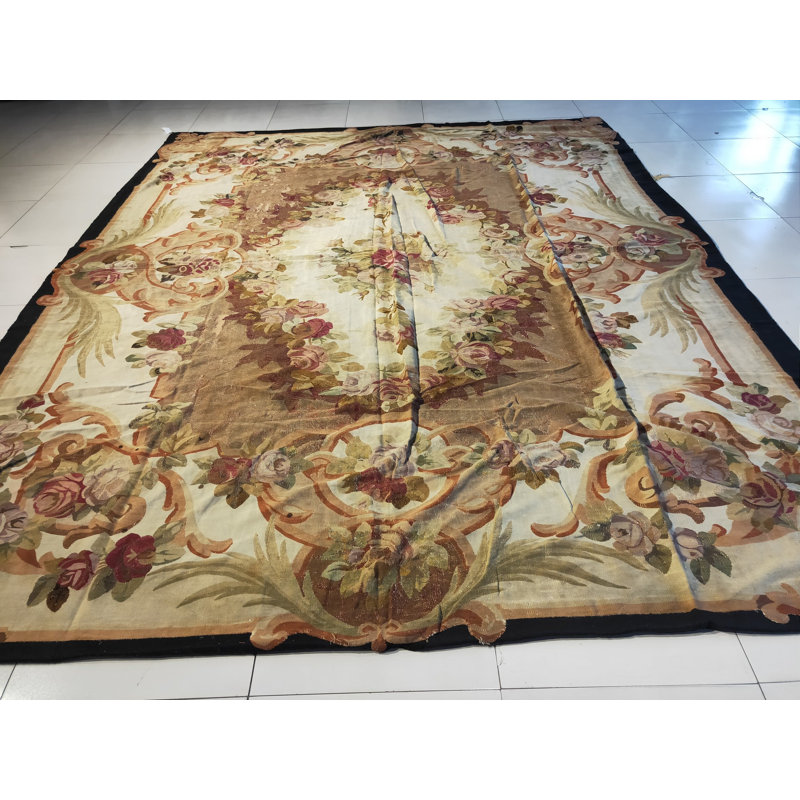 Antique Aubusson French Floral, Medallion Flat Weave Rug