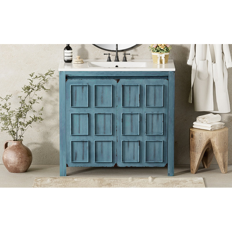Meuble-lavabo 36 po avec lavabo en céramique, Bleu rétro
