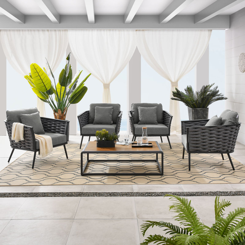 Modway Stance 5 Piece Outdoor Patio Aluminum Sectional Sofa Set, Charcoal, Gray