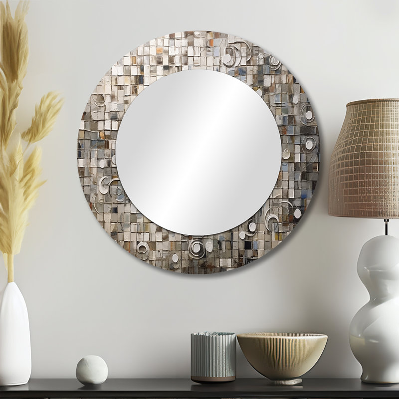 Quency Brown And White Bohemian Medley - Boho Mosaic Wall Mirror, Modern Round Decorative Mirror, Printed Metal Art
