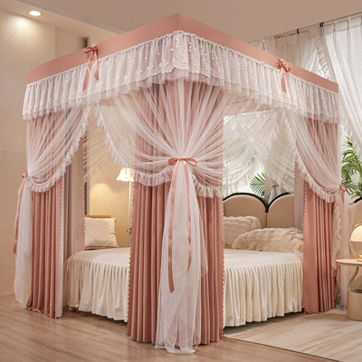 4 Corners Post Solid Color Bed Canopy Curtain Double Layer-Curtain & Ruffle Princess Mosquito Net 4 Opening Netting for Girls Teens Or Adults Bedroom Decoration, Jade, California King