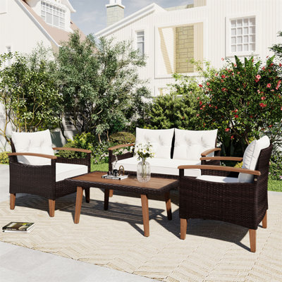 Mobilier de jardin 4 pièces, ensemble de sièges de patio, ensemble de canapé d'extérieur en rotin PE, table et pieds en bois, brun et beige