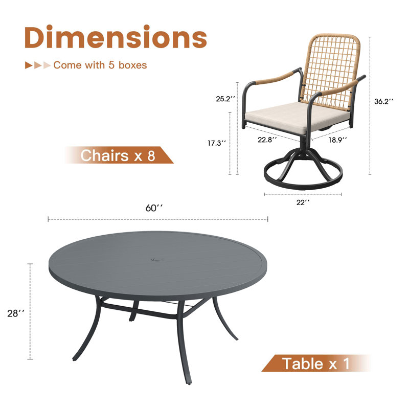 Ensemble repas pour 8 personnes avec chaises pivotantes en rotin, Gris