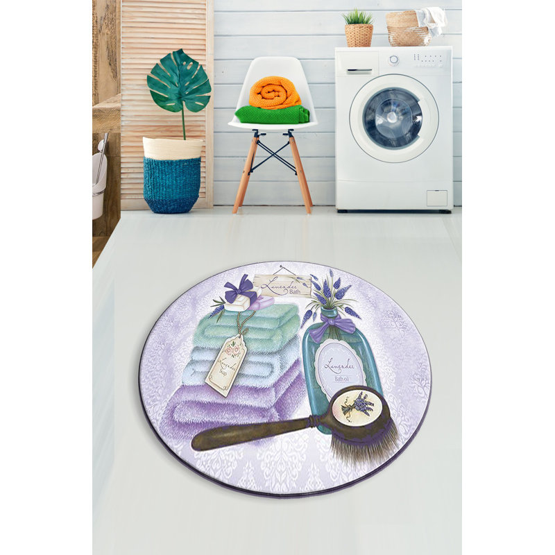 Premium Bathmat, 39.4 in Diameter, Lilac, White, Mint & Brown | 100% Polyester, 0.4 in Pile Height, Antibacterial, Non-Slip Underside | Machine Washable, Soft & Durable, Ideal for Any Bathroom Decor