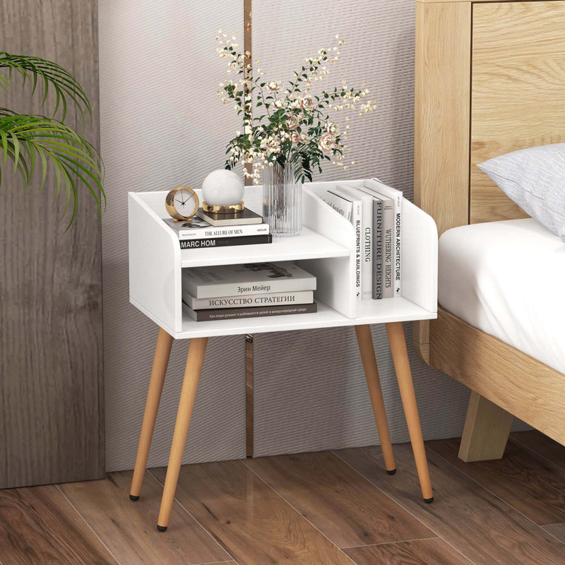 Table de bout moderne George Century avec tablettes ouvertes, Blanc / Naturel