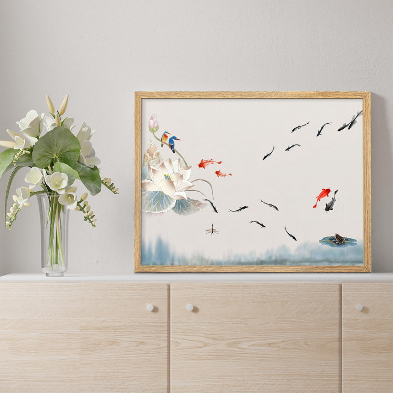 «Lotus Flower with Colorful Koi Fish and Kingfishers in Tranquil Pond Prints», affiche encadrée rustique, H 11 po x l 14 po