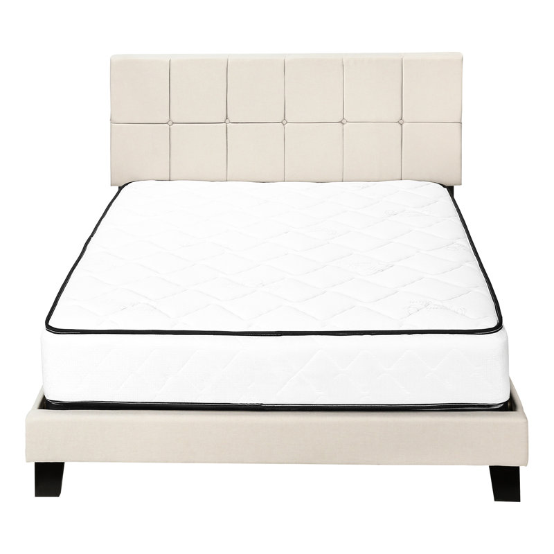 Grand lit beige aspect lin avec capitonnage élégant et revêtement latéral en bois massif