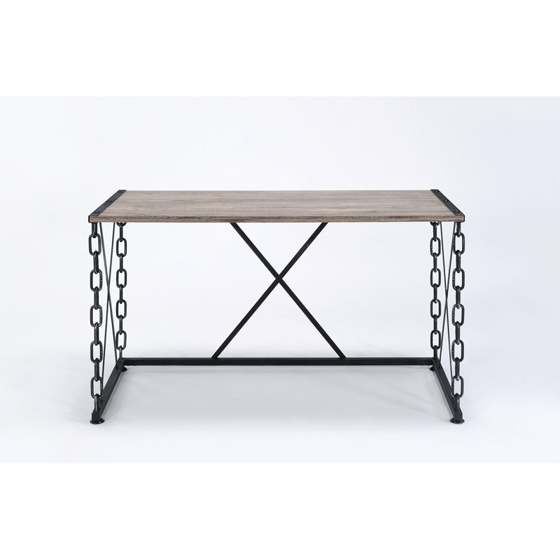 Console rustique en chêne avec structure en métal noir antique et pieds rectangulaires