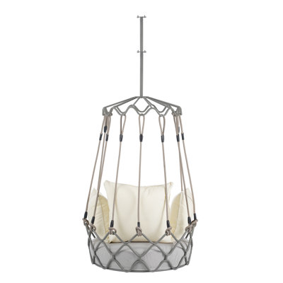  Outdoor Porch Swing Chair Hanging Basket with UV-Resistant Cushion, Olefin Fabric Hanging Chair for Patio or Balcony, Beige