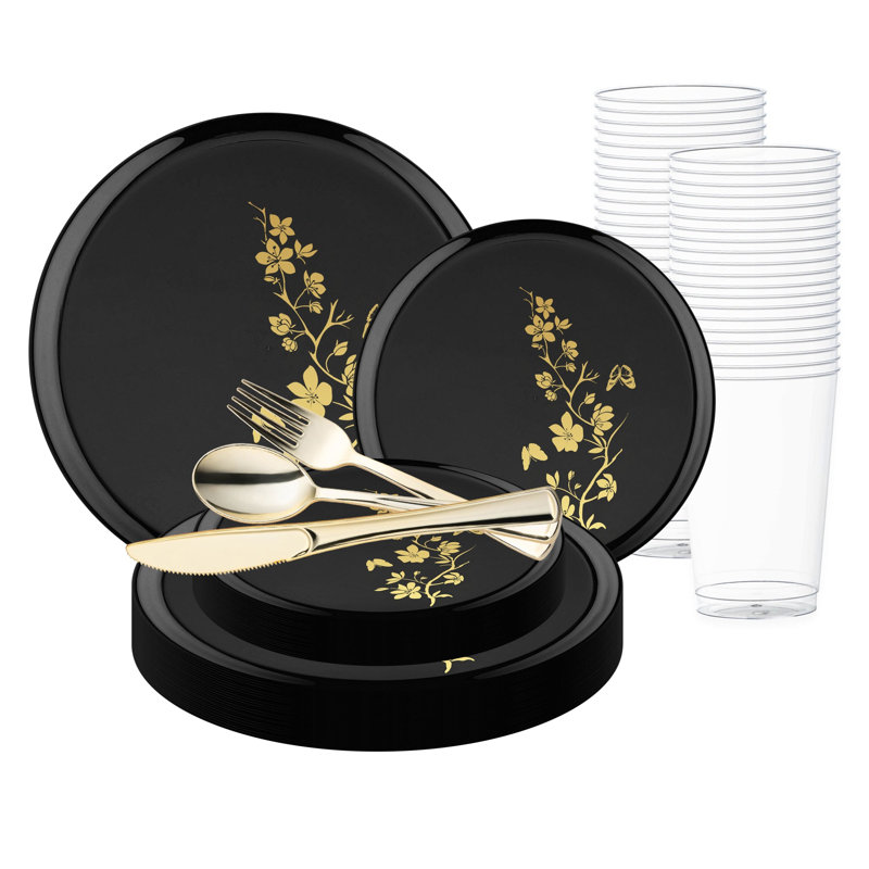 Black with Gold Floral Plastic Wedding Value Set - 30 Settings