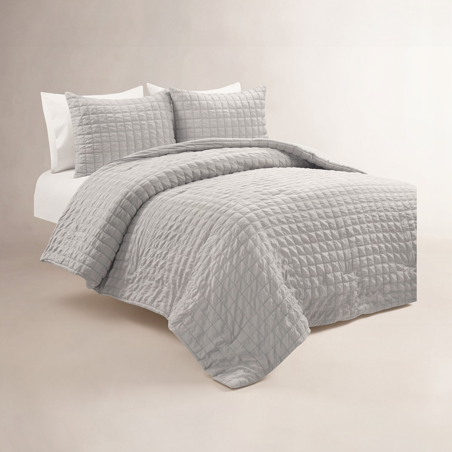 Crinkle 3 Piece All Season Crinkle Textured Dobby Comforter Set, Light Gray, Full/Queen