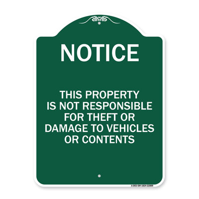 Signmission Designer Series Sign - This Property Is Not Responsible For Theft Or Damage To Vehicles Or Contents | Black & Gold 18" X 24" Heavy-Gauge Aluminum Architectural Sign | Made In The USA
