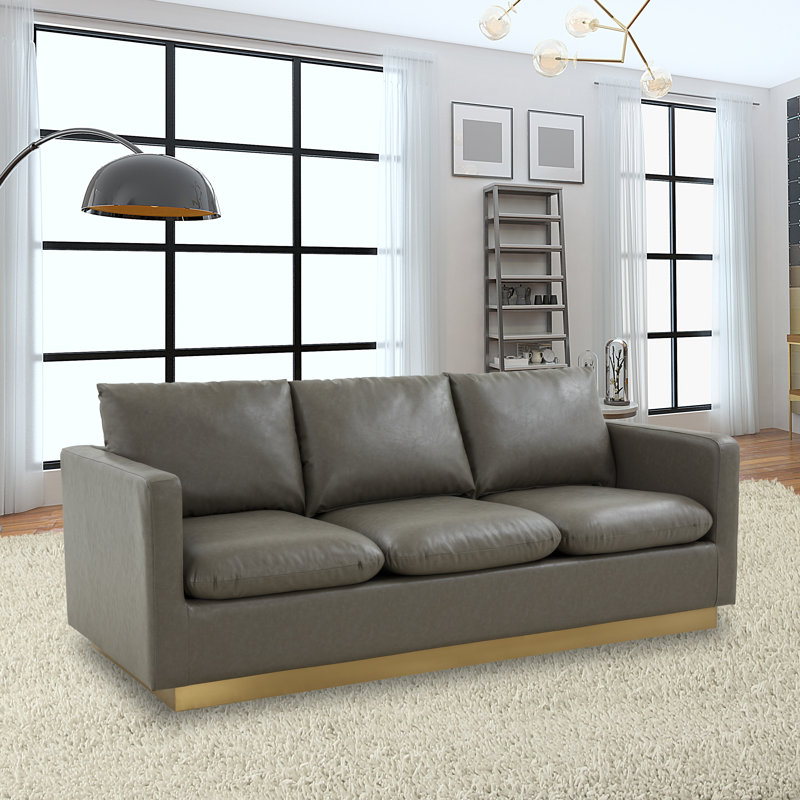 Berengarius 83.5" Leather Sofa Three-Person Seater with Removable Cushions, Gray Faux Leather
