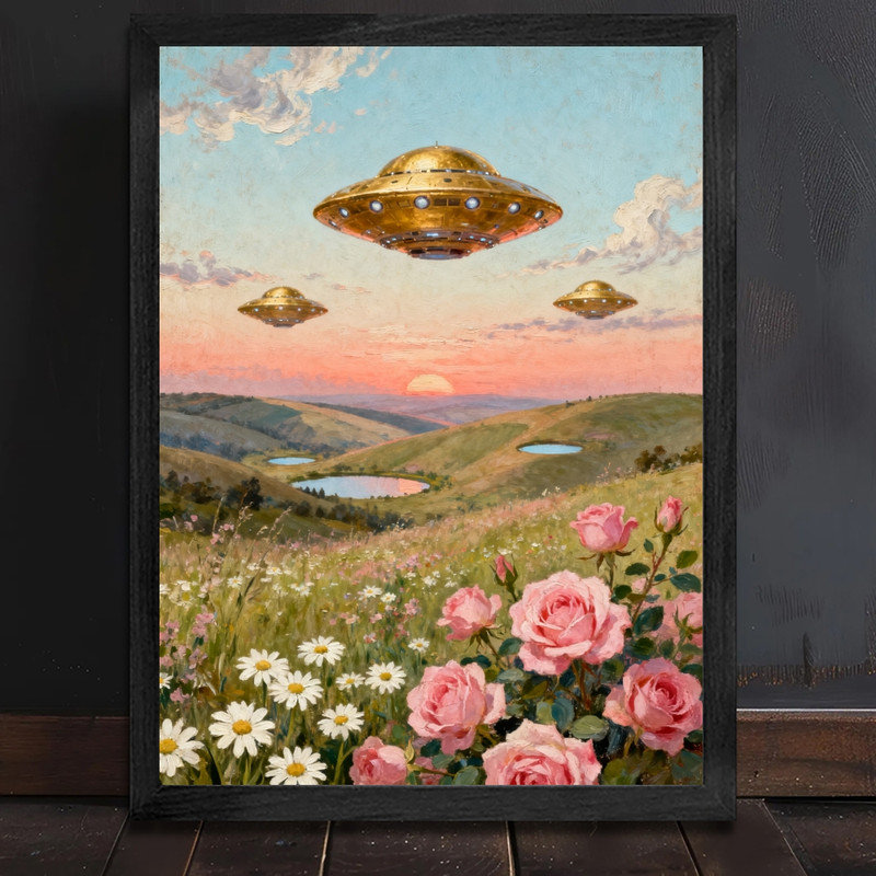 OVNI rétro et art mural noir, reproduction de paysage rétro surréel, H 11 po x l 9 po