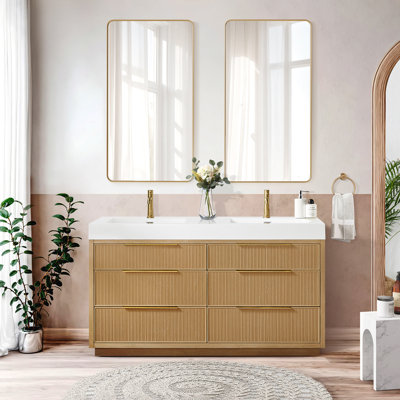 Grunwald 60" Double Bath Vanity in Washed Ash Grey with White Integrated Stone Sink Top