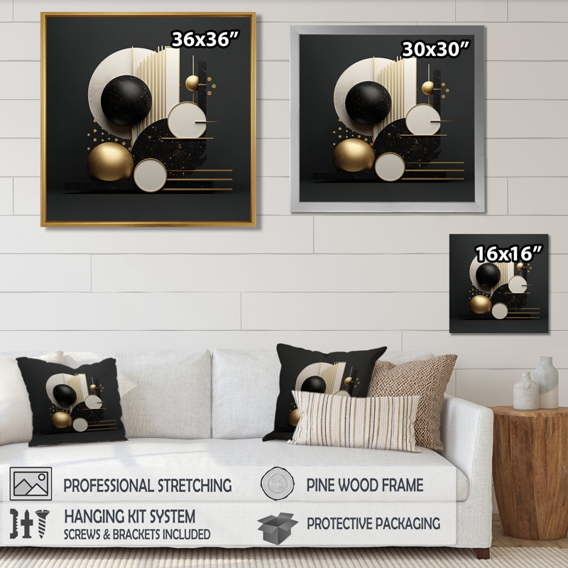 Zen Spheres Balance or et noir - décoration murale géométrique, Toile avec cadre flottant or, 30" H x 30" W x 1" D