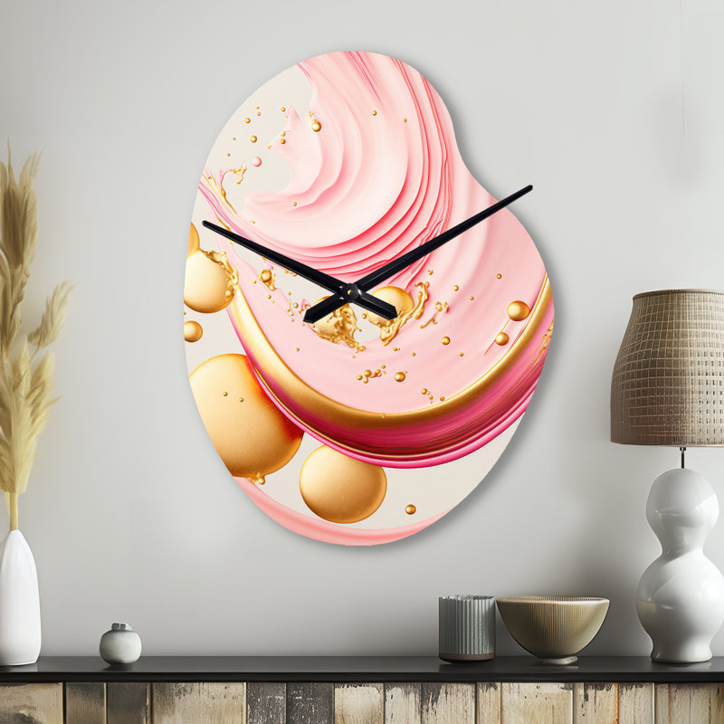 Pink And Gold Abstract Circles II - Abstract Spirals Unique Shape Metal Wall Clock, Pink Asymmetrical Clock Print, Small