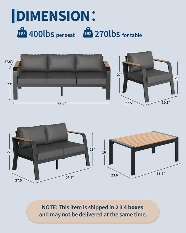 Ensemble de conversation de patio gris en aluminium avec table basse - 4 sièges, coussins lavables toutes saisons pour terrasse / balcon / piscine