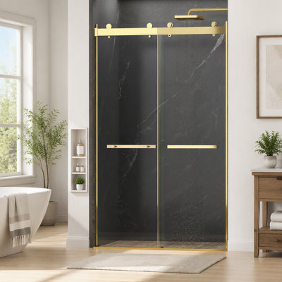 Dual Sliding Frameless Shower Door,Sliding Shower Door with 5/16"(8mm) Clear Tempered Glass Shower Door,Silent Soft-Close Design, Easy to Clean Bathroom