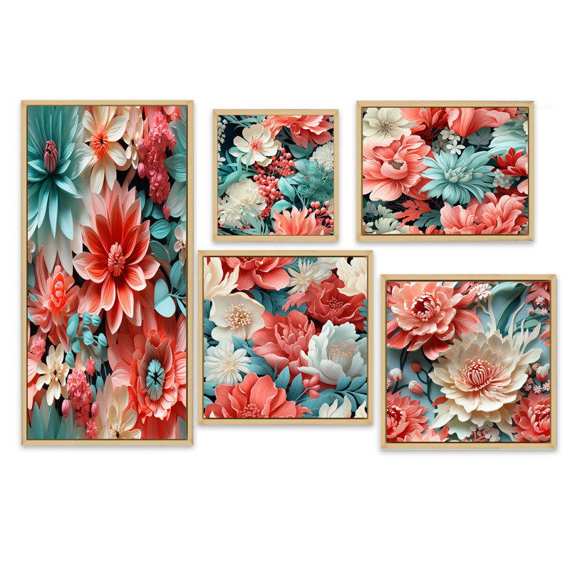 Ensemble de 5 impressions sur toiles tropicales, Cadre flottant brun
