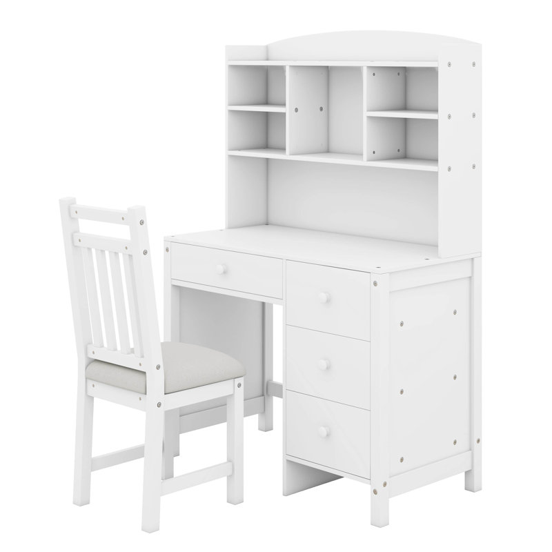 Writing Desk And Upholstered Chair Set With Bookshelf, 40'' Vintage Computer Desk With 4 Drawers, Hutch, And Chair, White