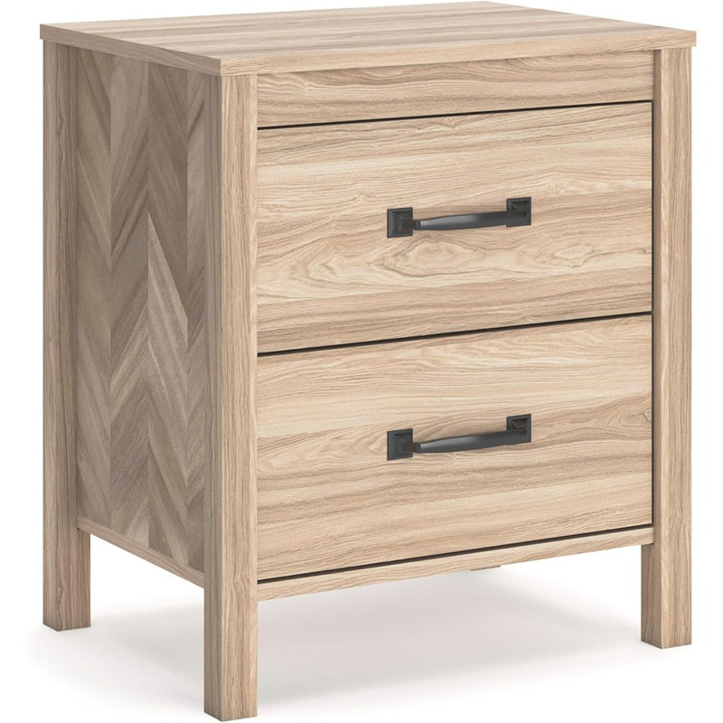 Table de chevet 2 tiroirs Mid-Century moderne à motif de chevrons, 24,5 po de hauteur, brun clair