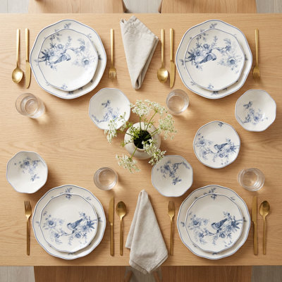 Artisan Garden Scalloped Blue Bone Porcelain Dinnerware Set (24-Piece Service for 6)