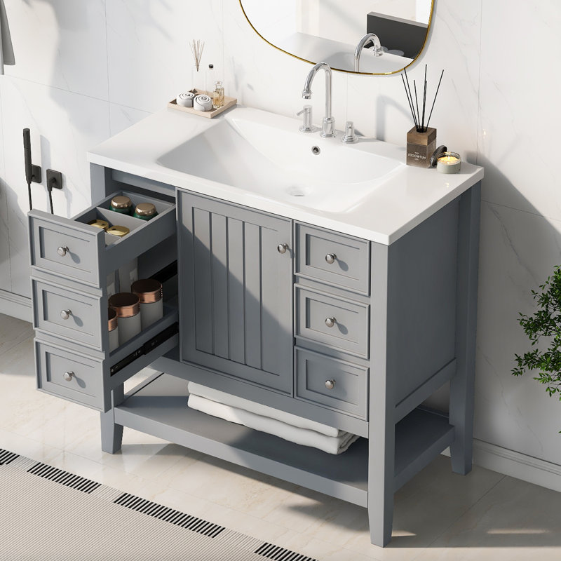 Ensemble de meuble-lavabo avec lavabo, une armoire et trois tiroirs, Gris