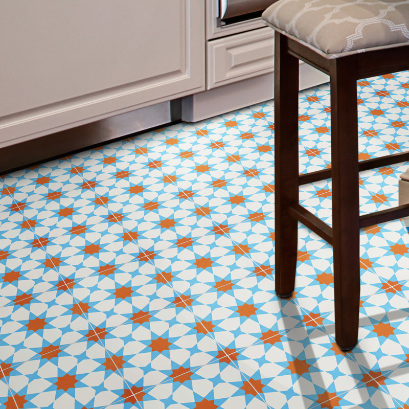 Medina 8" x 8" Cement Patterned Wall & Floor Tile, Blue/White/Orange