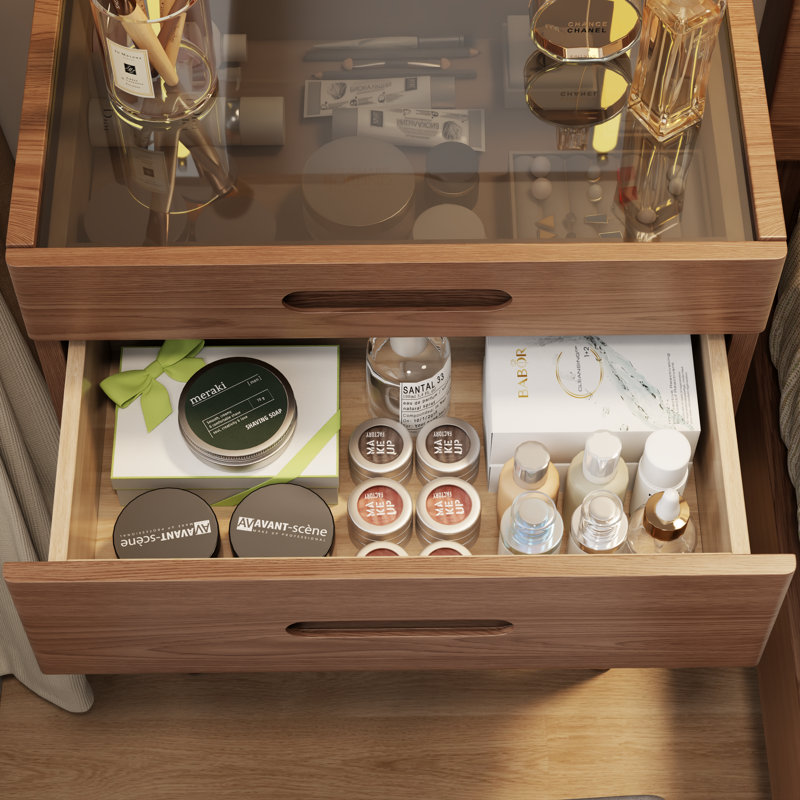 Solid Wood Makeup Vanity, Flip‑Top Lighted Mirror, 3‑Mode Dimmable, with Drawers, 19.6" W, Brown
