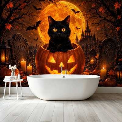 Peel and Stick Wallpaper Wall Mural Black Cat Pumpkin Halloween Scene Glowing O Lantern Full Moon Gothic Wall Art Self Adhesive and Removable